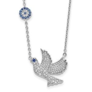 925 Sterling Silver Rhodium-plated Blue & Clear CZ Dove 16" Necklace w 2" ext.